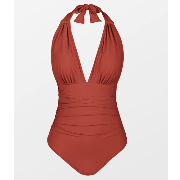 Cupshe Swim One Piece Swimsuit Halter Backless Ruched Tummy Control